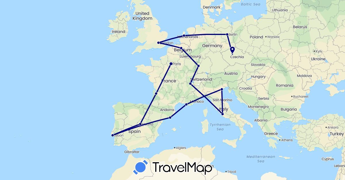 TravelMap itinerary: driving in Belgium, Switzerland, Czech Republic, Germany, Spain, France, United Kingdom, Italy, Netherlands, Portugal (Europe)